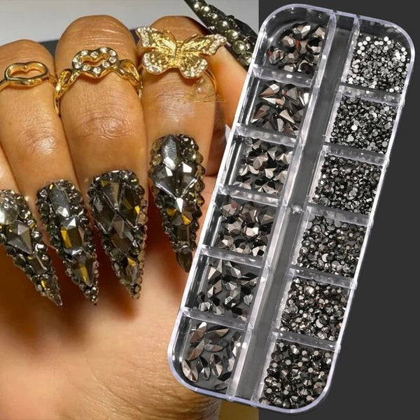 12 Colors Luxury Crystal Nail Art Rhinestones 3D Mixed-Shape Clear/AB Glitter Diamond DIY 12Grids/Boxed Manicure Glitter Stone