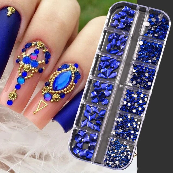12 Colors Luxury Crystal Nail Art Rhinestones 3D Mixed-Shape Clear/AB Glitter Diamond DIY 12Grids/Boxed Manicure Glitter Stone