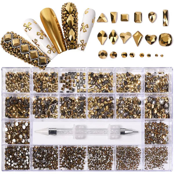 2500pcs Luxury Shiny Diamond Nail Art Rhinestones Crystal Decorations Set AB Glass 1pcs Pick Up Pen In Grids Box 21 Shape