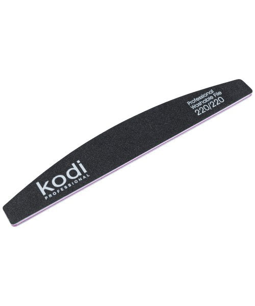 KODI Professional №38 Crescent-shaped nail file, abrasiveness 220/220, color: black, side elements: purple, size: 178*28*4 мм