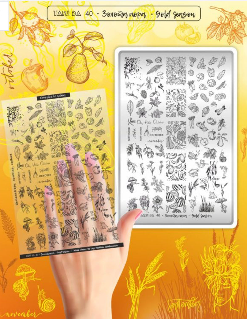 TAKI DA Large stamping plate 40 GOLD SEASON/ЗОЛОТА ПОРА with demo film 10x15 cm 4433