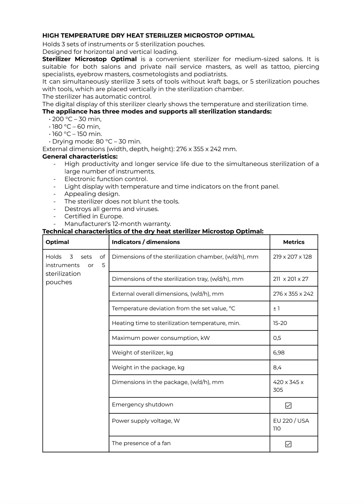 Microstop Dry Heat Sterilizer-Optimal