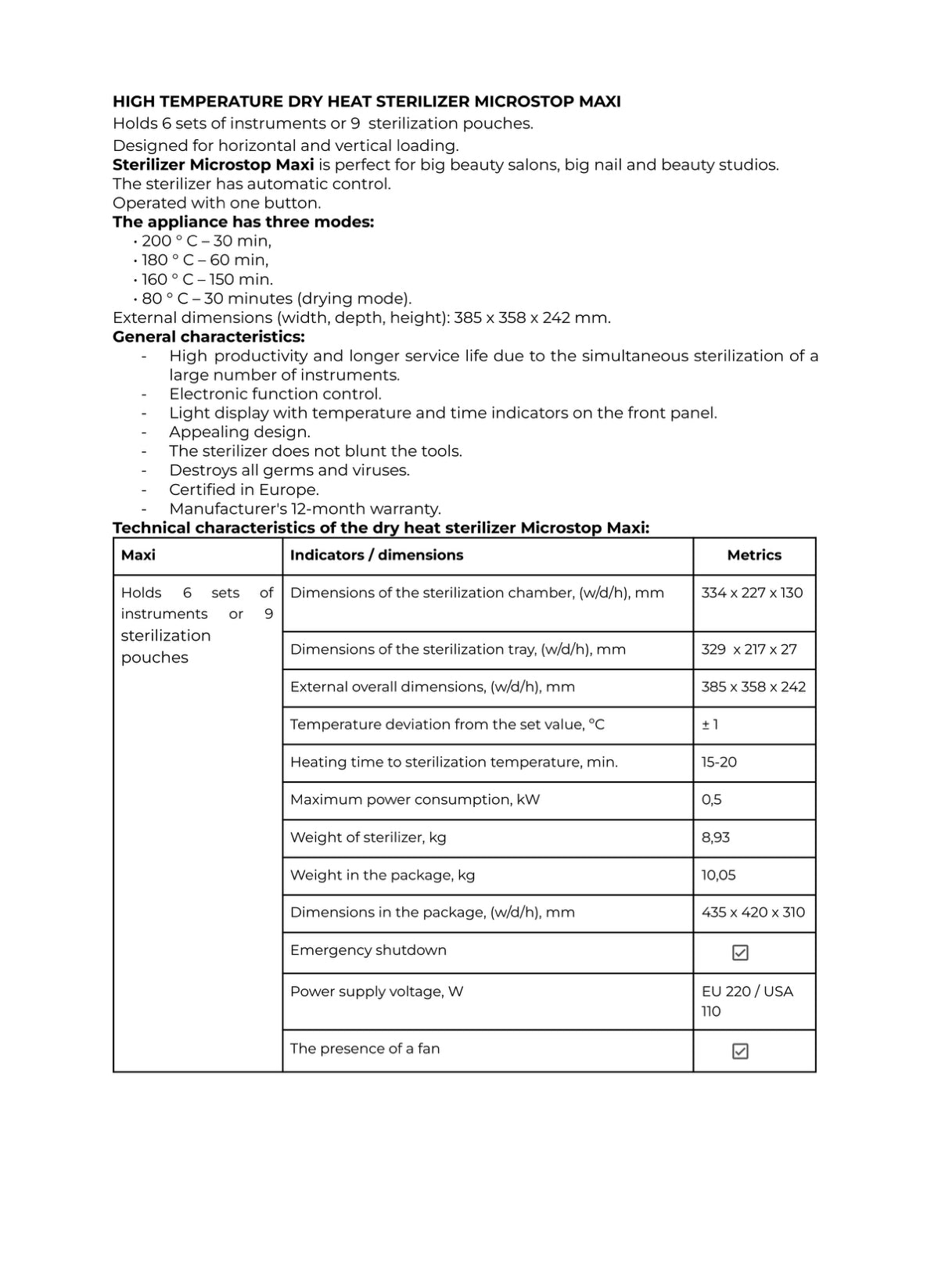 Microstop Dry Heat Sterilizer-Maxi 110 V