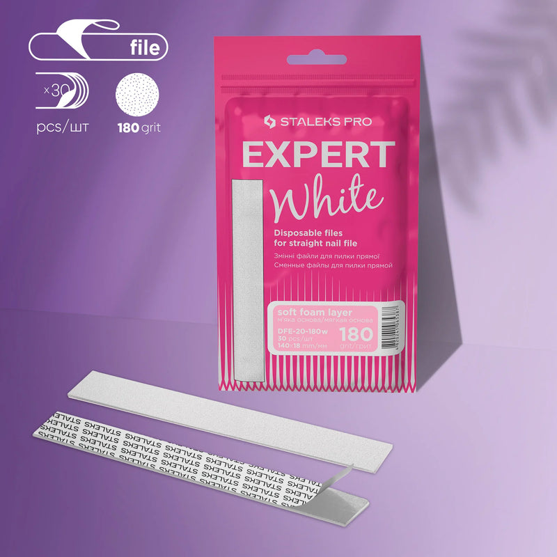 STALEKS PRO EXPERT 20 БІЛІ ОДНОРАЗОВІ ПИЛКИ ДЛЯ ПРЯМИХ НІГТІВ (М'ЯКА ОСНОВА) 180 ГРИТ 30 ШТ DFE-20-180W