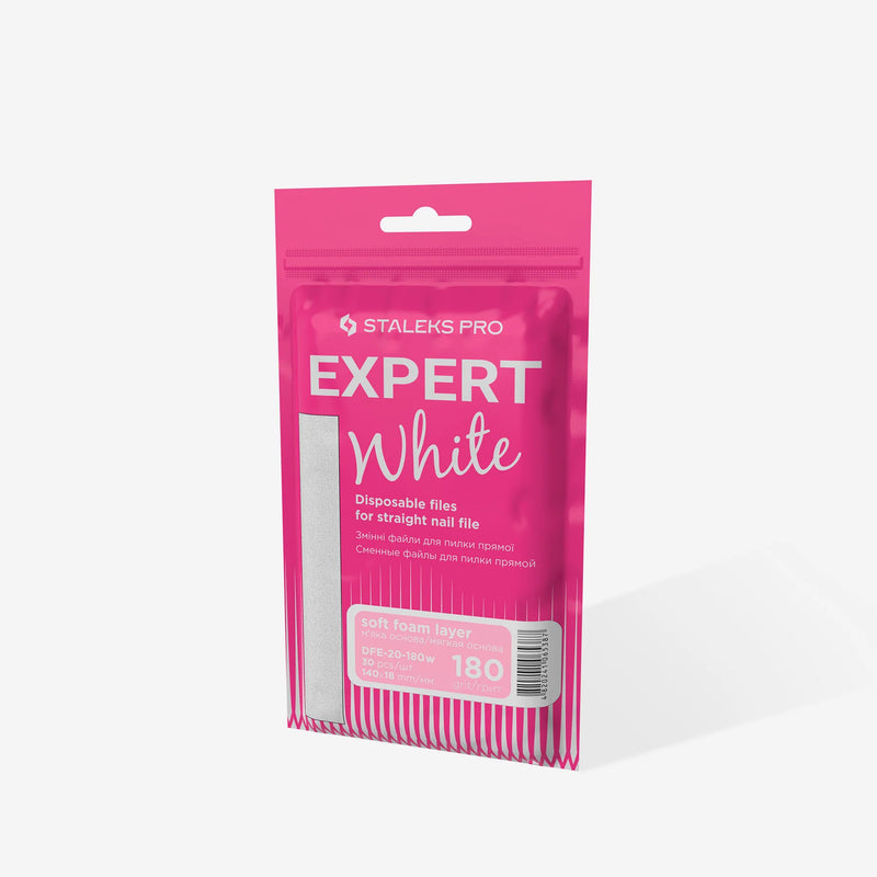 STALEKS PRO EXPERT 20 БІЛІ ОДНОРАЗОВІ ПИЛКИ ДЛЯ ПРЯМИХ НІГТІВ (М'ЯКА ОСНОВА) 180 ГРИТ 30 ШТ DFE-20-180W