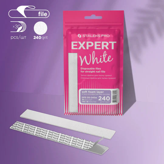 STALEKS PRO EXPERT 20 БІЛІ ОДНОРАЗОВІ ПИЛКИ ДЛЯ ПРЯМИХ НІГТІВ (М'ЯКА ОСНОВА) 240 ГРИТ 30 ШТ DFE-20-240W