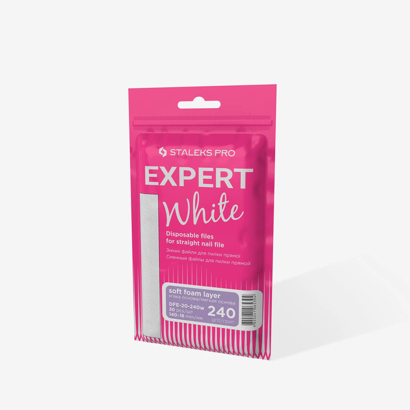 STALEKS PRO EXPERT 20 БІЛІ ОДНОРАЗОВІ ПИЛКИ ДЛЯ ПРЯМИХ НІГТІВ (М'ЯКА ОСНОВА) 240 ГРИТ 30 ШТ DFE-20-240W