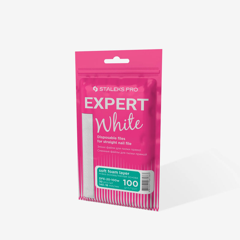 STALEKS PRO EXPERT 20 БІЛІ ОДНОРАЗОВІ ПИЛКИ ДЛЯ ПРЯМИХ НІГТІВ (М'ЯКА ОСНОВА) 100 ГРИТ 30 ШТ DFE-20-100W